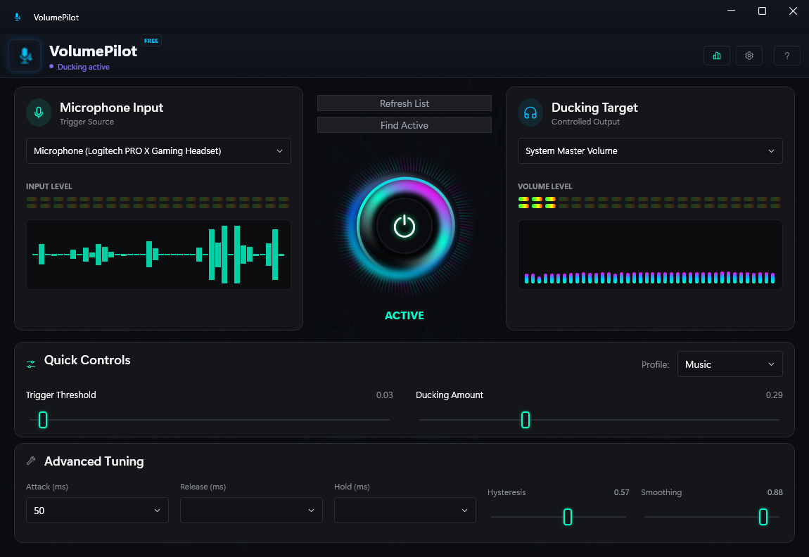 VolumePilot Default layout showing microphone input, System Master Volume ducking, and audio controls